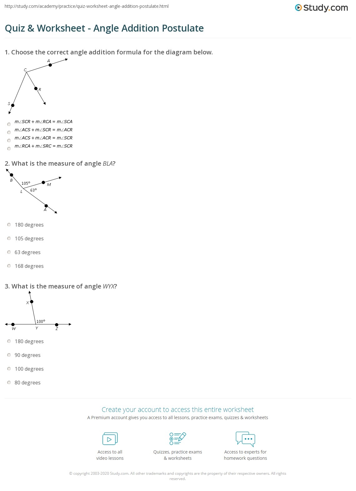 Quiz Worksheet Angle Addition Postulate Study