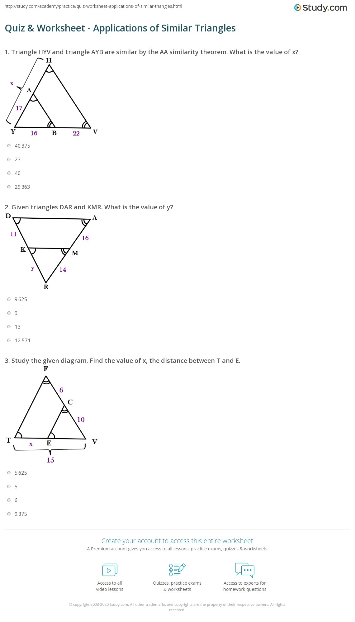 Quiz Worksheet Applications Of Similar Triangles Study