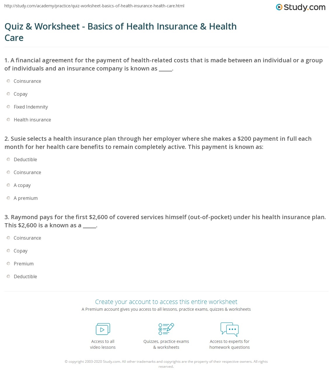 Quiz Worksheet Basics Of Health Insurance Health Care Study