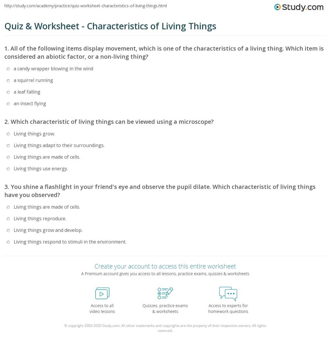 Quiz Worksheet Characteristics Of Living Things Study