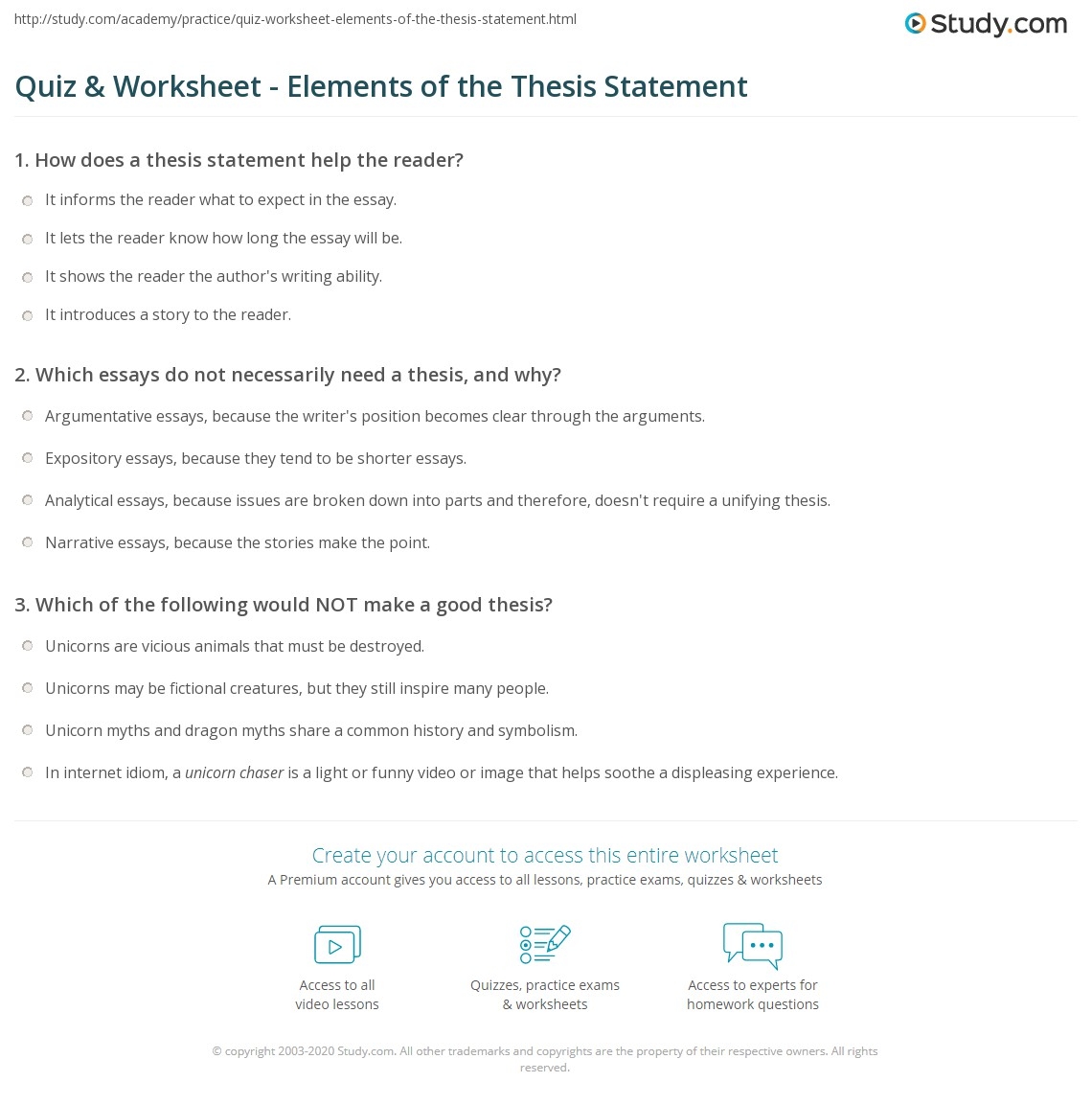 Quiz Worksheet Elements Of The Thesis Statement Study Worksheets Library Quiz Worksheet Elements Of The Thesis Statement Study Worksheets Library