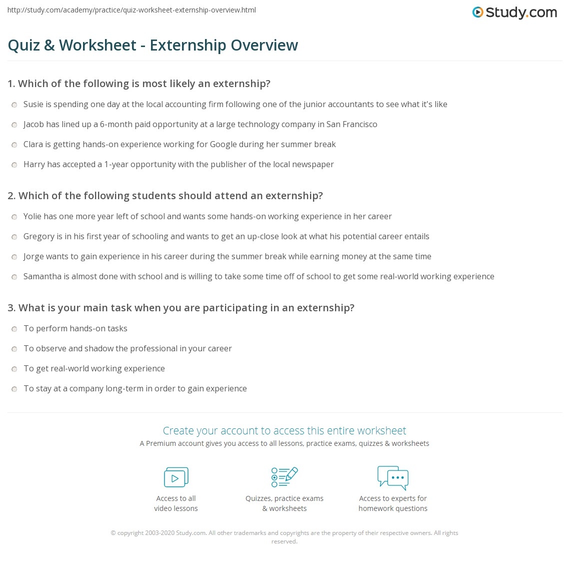 Quiz Worksheet Externship Overview Study
