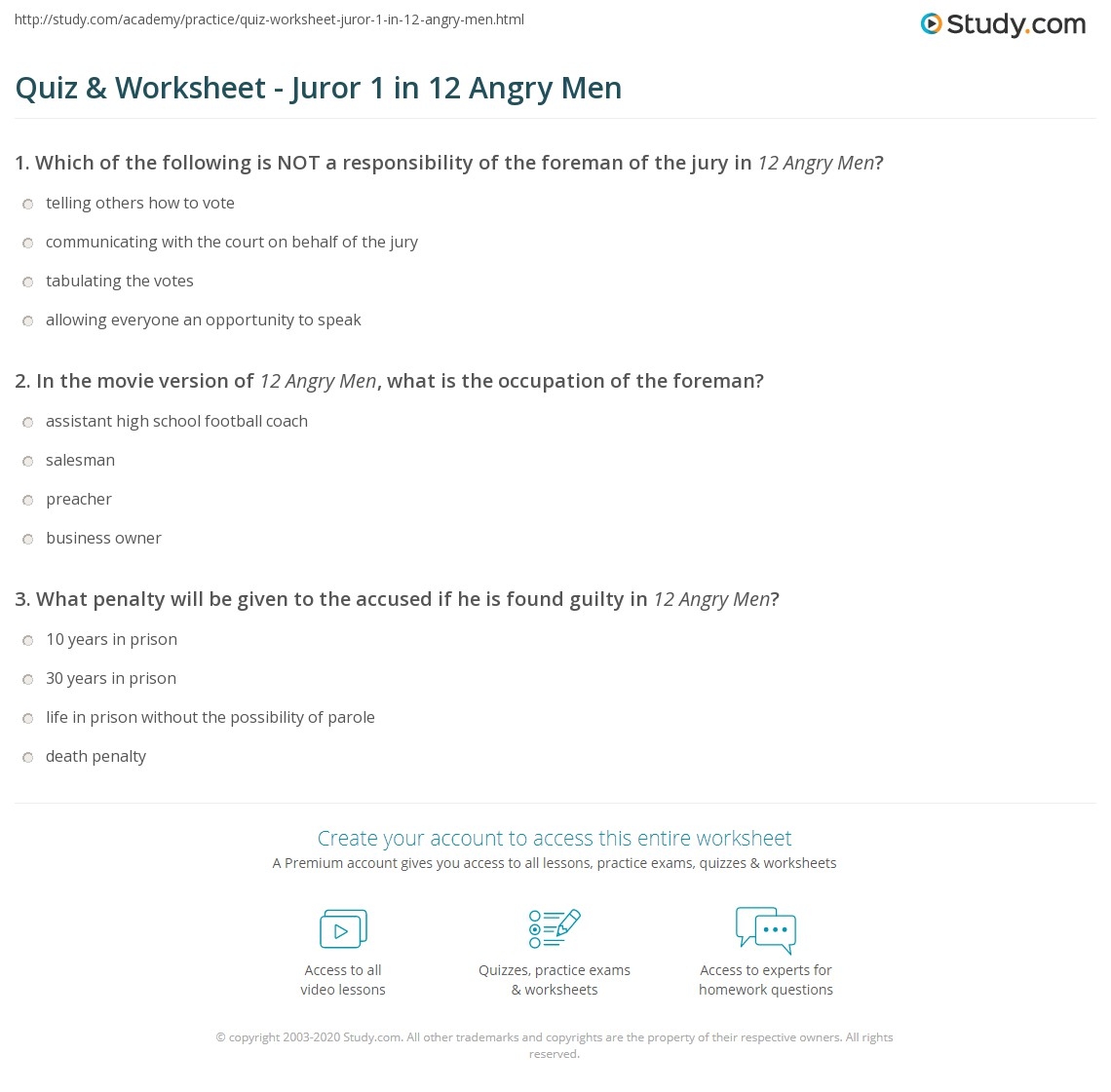 Quiz Worksheet Juror 1 In 12 Angry Men Study Quiz Worksheet Juror 1 In 12 Angry Men Study