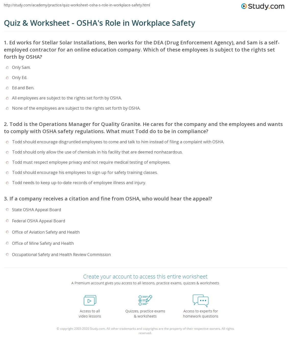 Quiz Worksheet OSHA s Role In Workplace Safety Study
