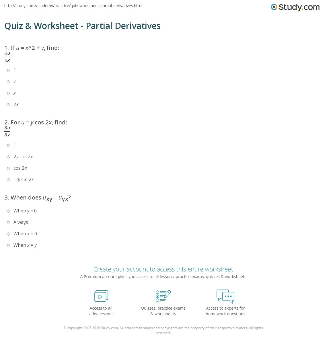 Quiz Worksheet Partial Derivatives Study Quiz Worksheet Partial Derivatives Study