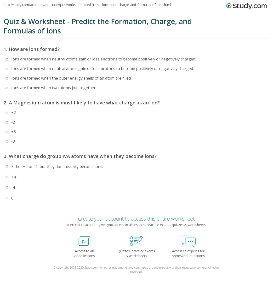 Quiz Worksheet Predict The Formation Charge And Formulas Of Ions Study