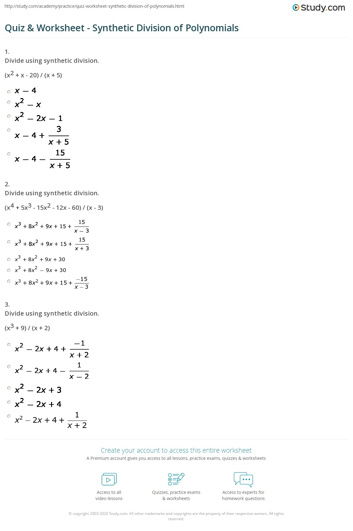 Quiz Worksheet Synthetic Division Of Polynomials Study Worksheets Library