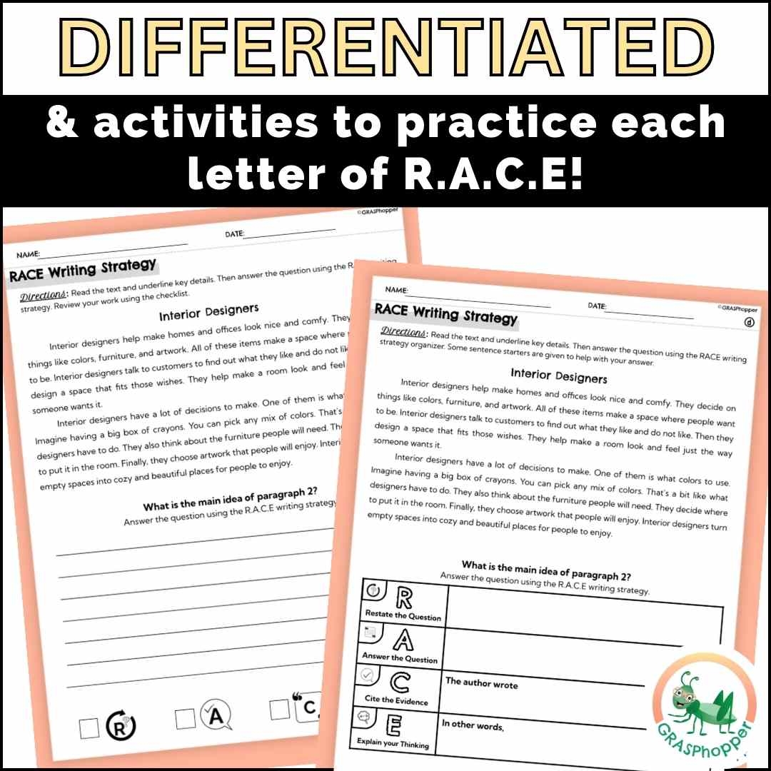 RACE Writing Strategy Foundations Anchor Charts Passages Activities GRASPhopper Learning