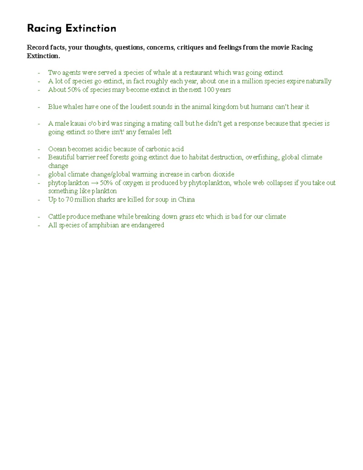 Racing Extinction 2021 Insights Reflections And FRQ Analysis Studocu