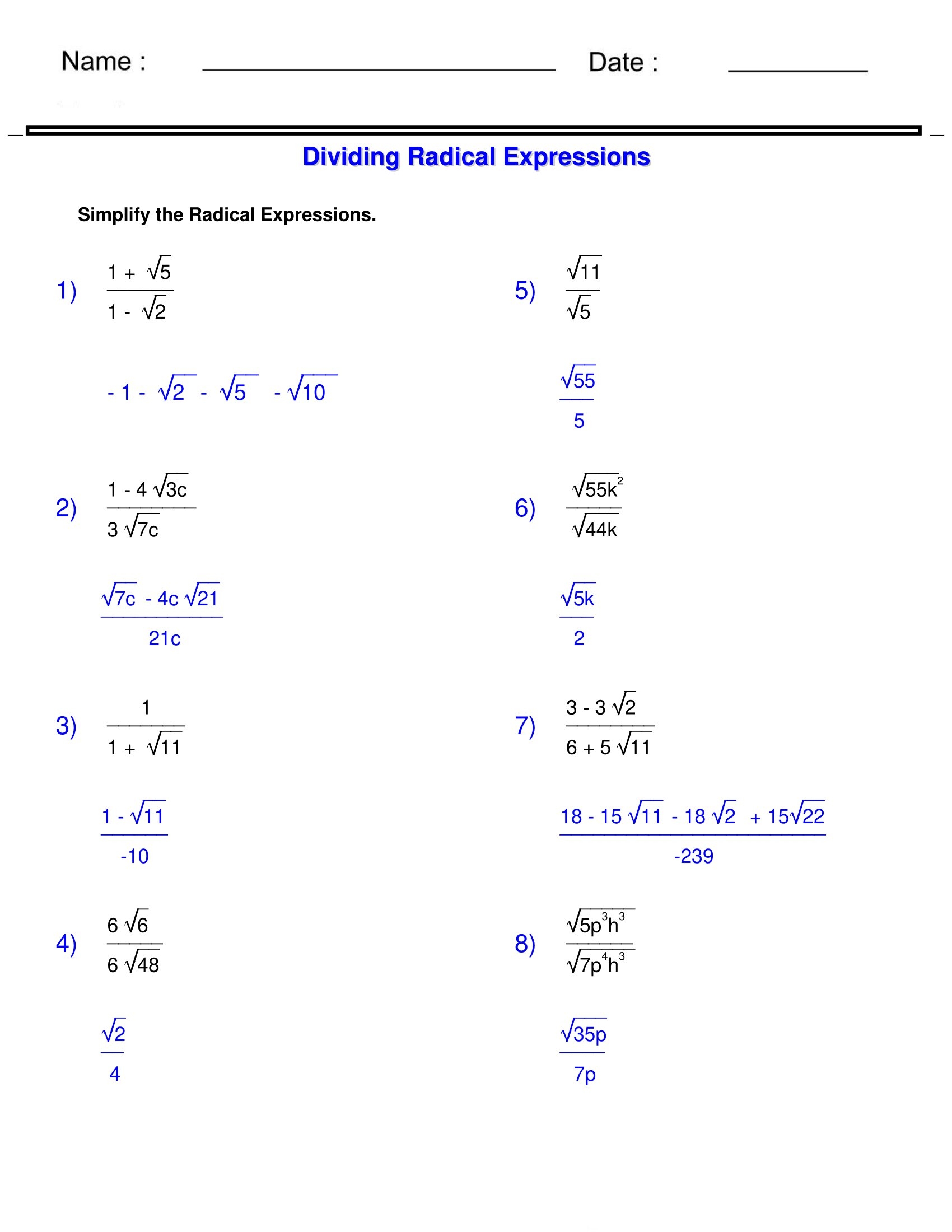 simplify the radicals worksheet answers