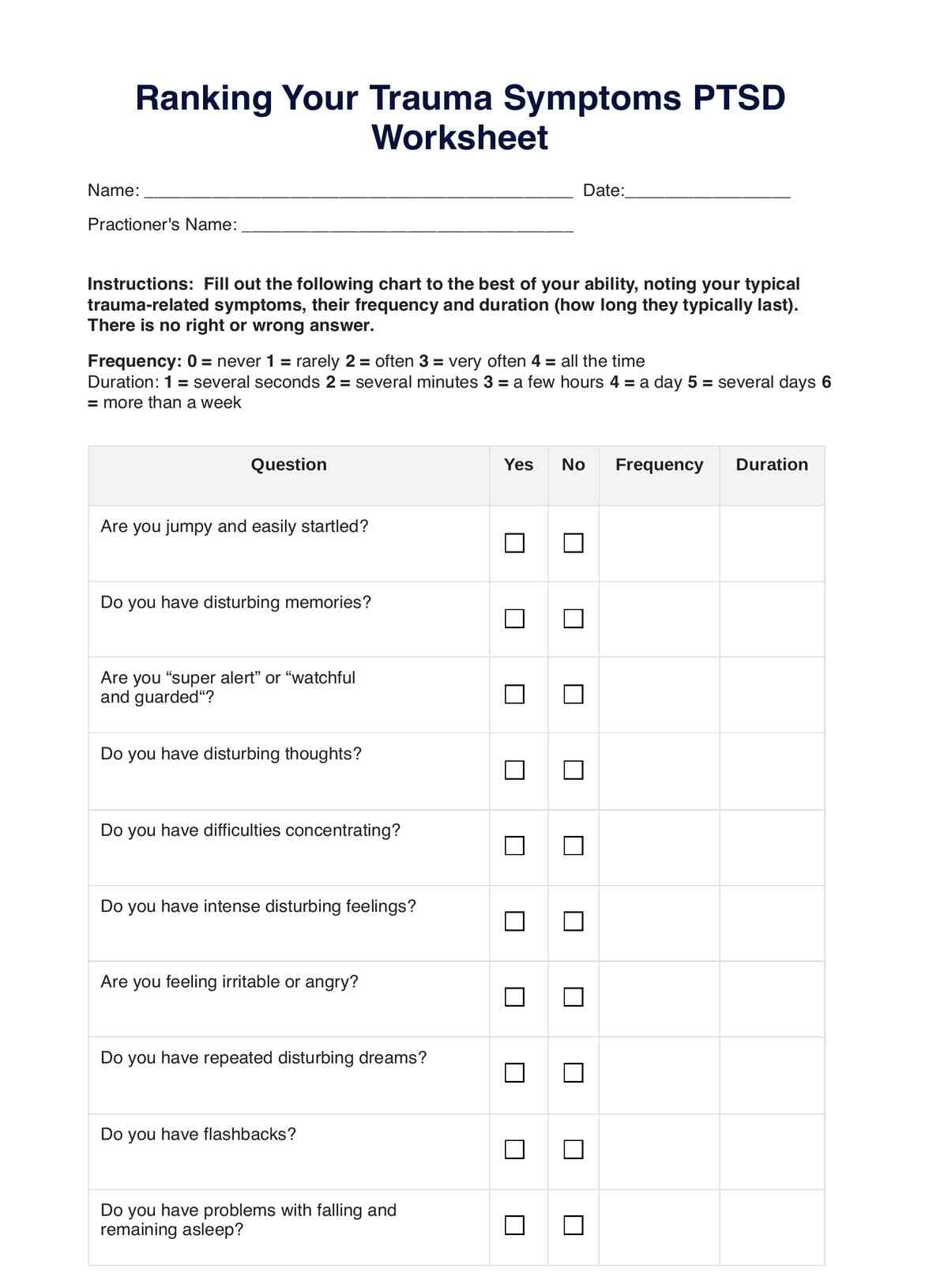 Ranking Your Trauma Symptoms PTSD Worksheets