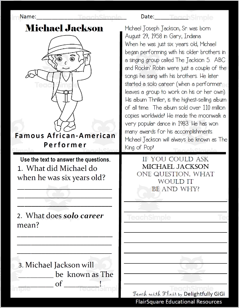 Reading Comprehension For Black History Month Michael Jackson By Teach Simple Reading Comprehension For Black History Month Michael Jackson By Teach Simple