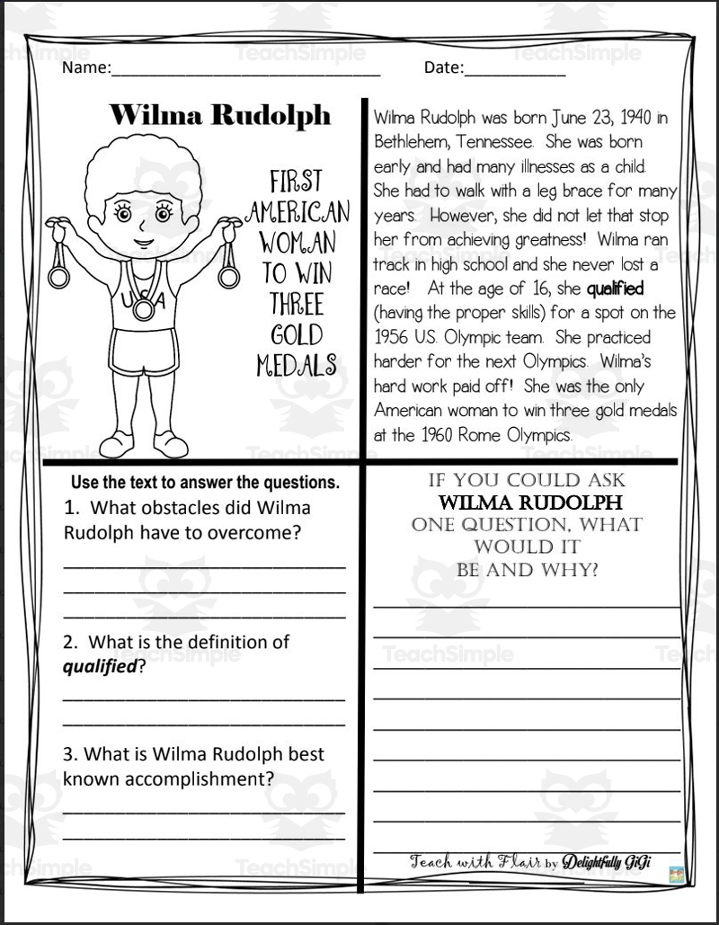 Reading Comprehension For Black History Month Wilma Rudolph By Teach Simple Reading Comprehension For Black History Month Wilma Rudolph By Teach Simple