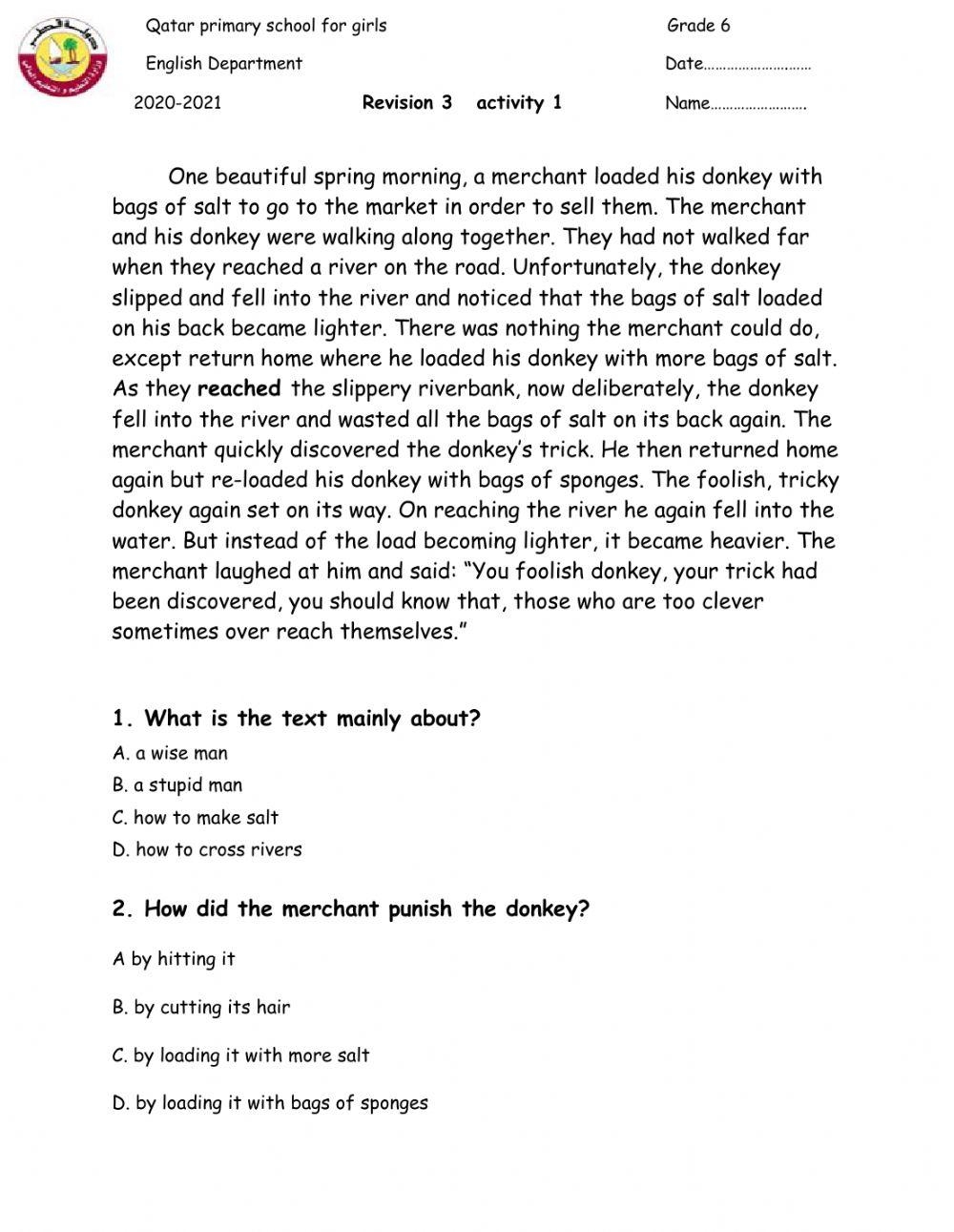 Reading Comprehension Online Exercise For Grade 6 Worksheets Library