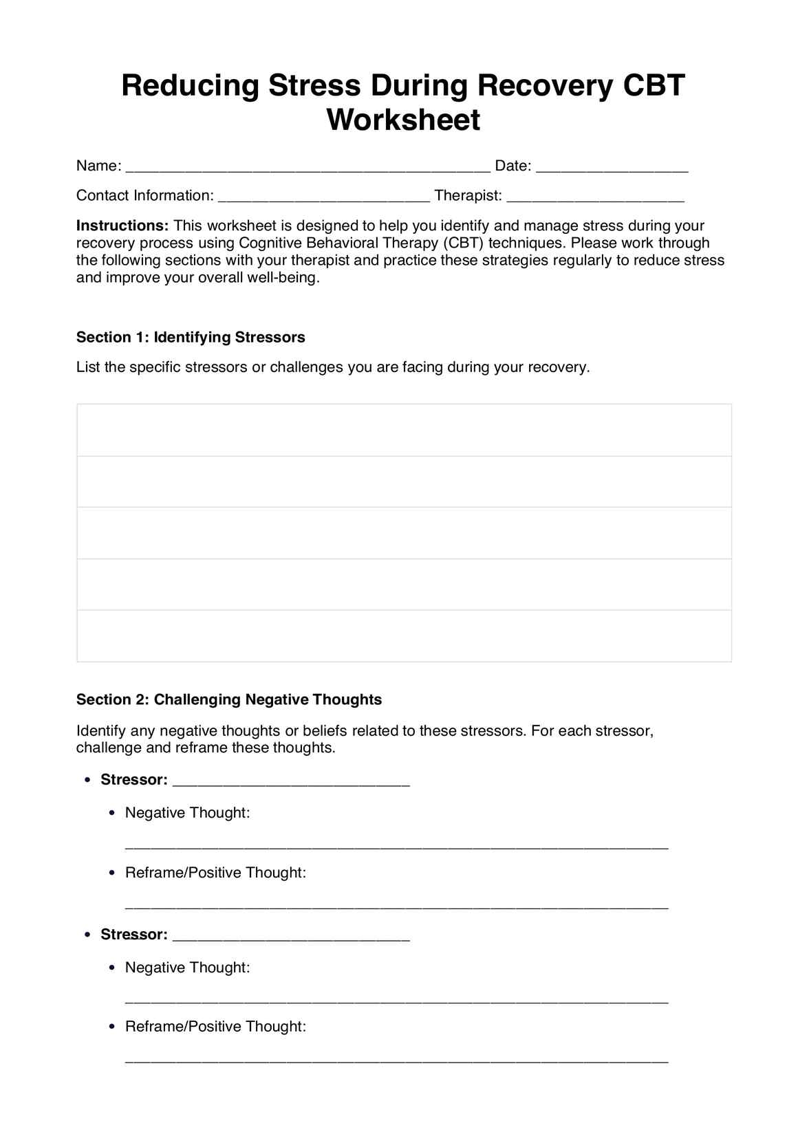 Reducing Stress During Recovery CBT Worksheet