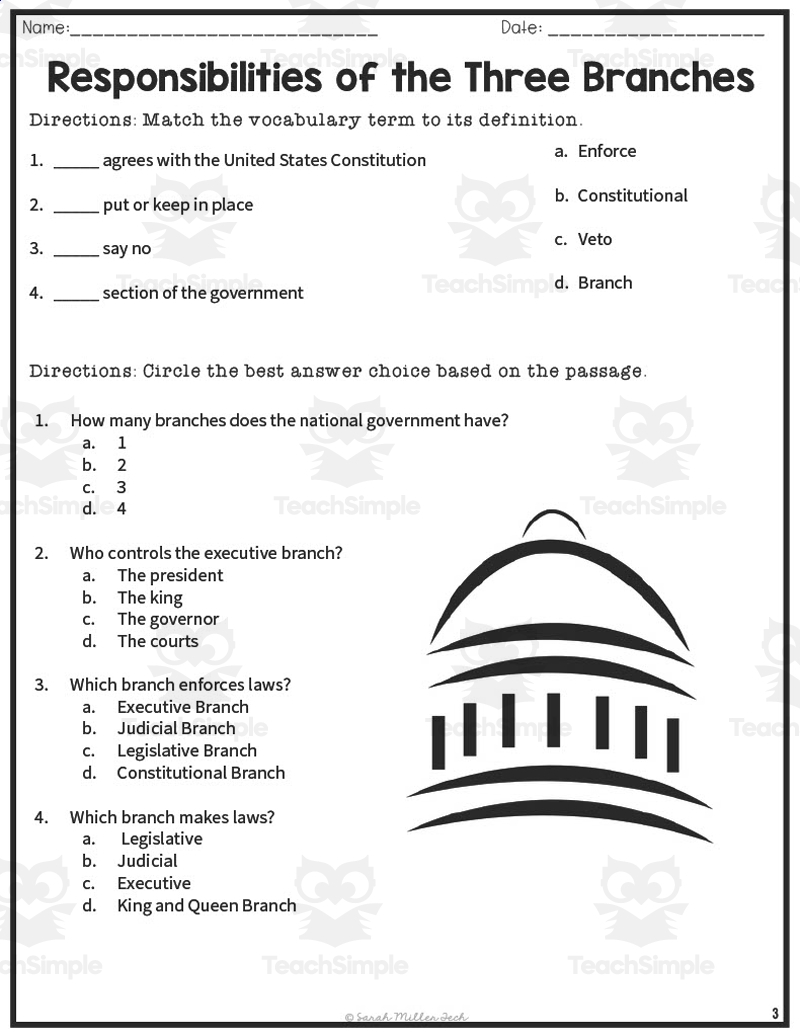 Responsibilities Of The Three Branches Reading Packet By Teach Simple Responsibilities Of The Three Branches Reading Packet By Teach Simple