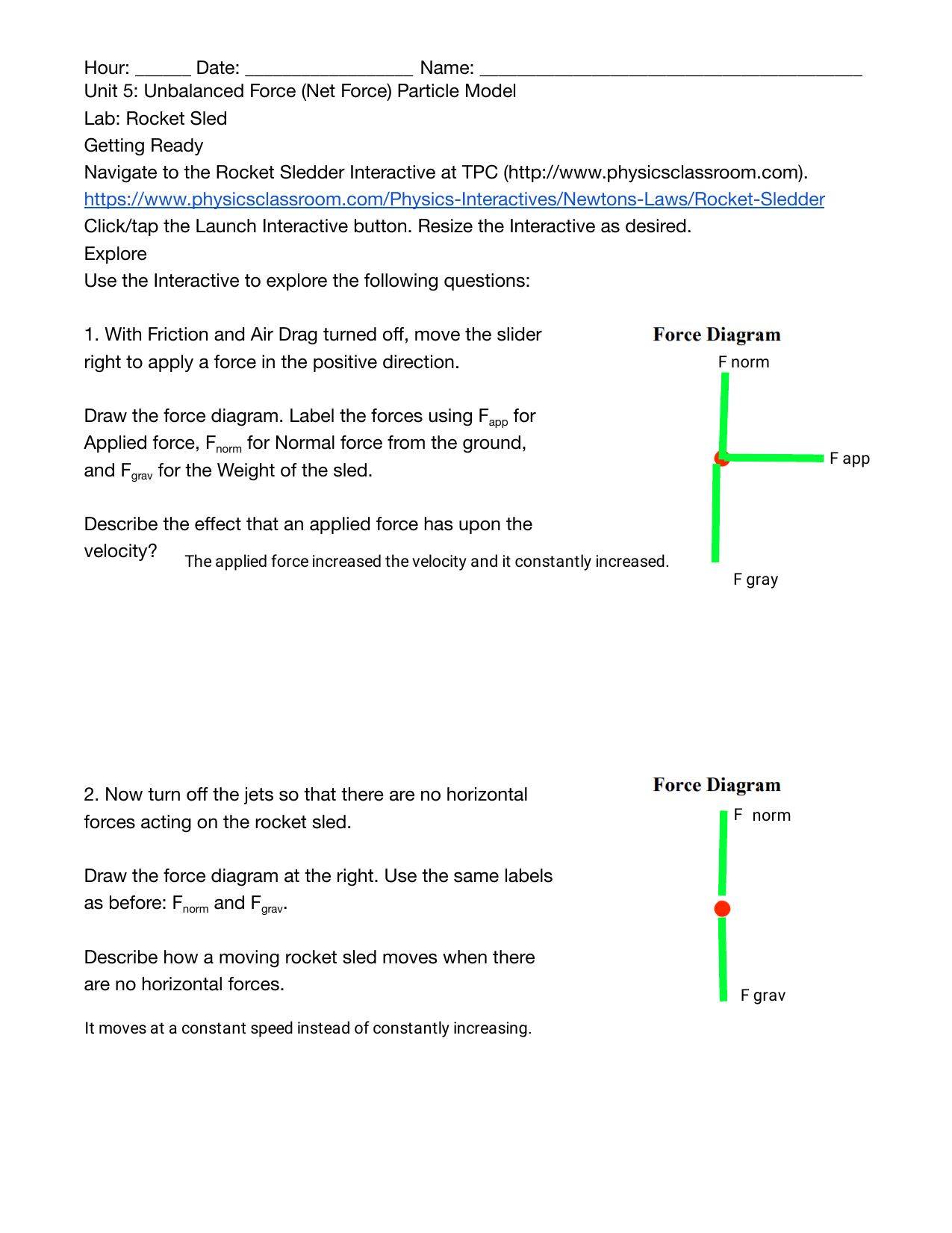 Rocket Sled Lab Unbalanced Forces Worksheet