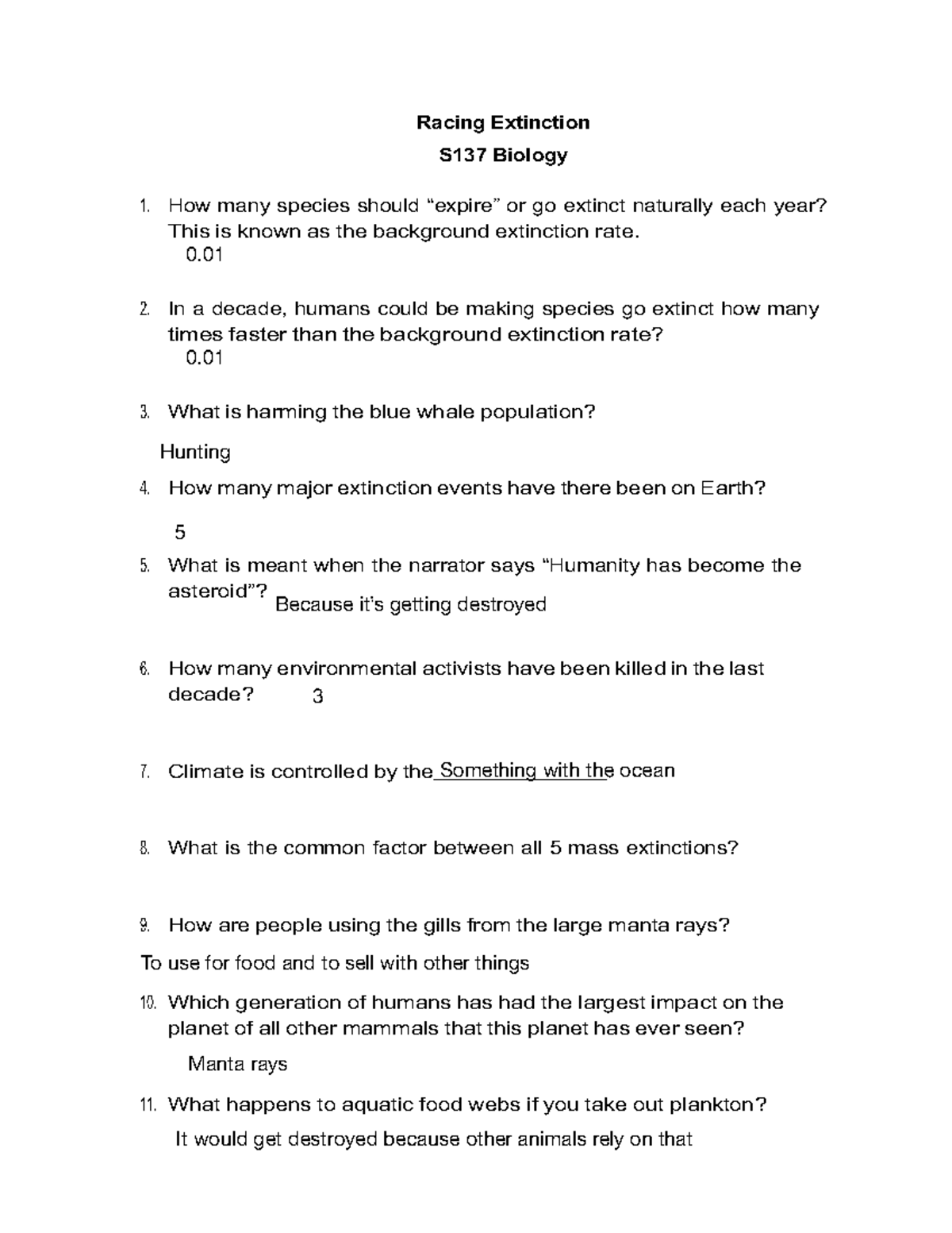 S137 Biology Racing Extinction Video Study Guide And Discussion Questions Studocu