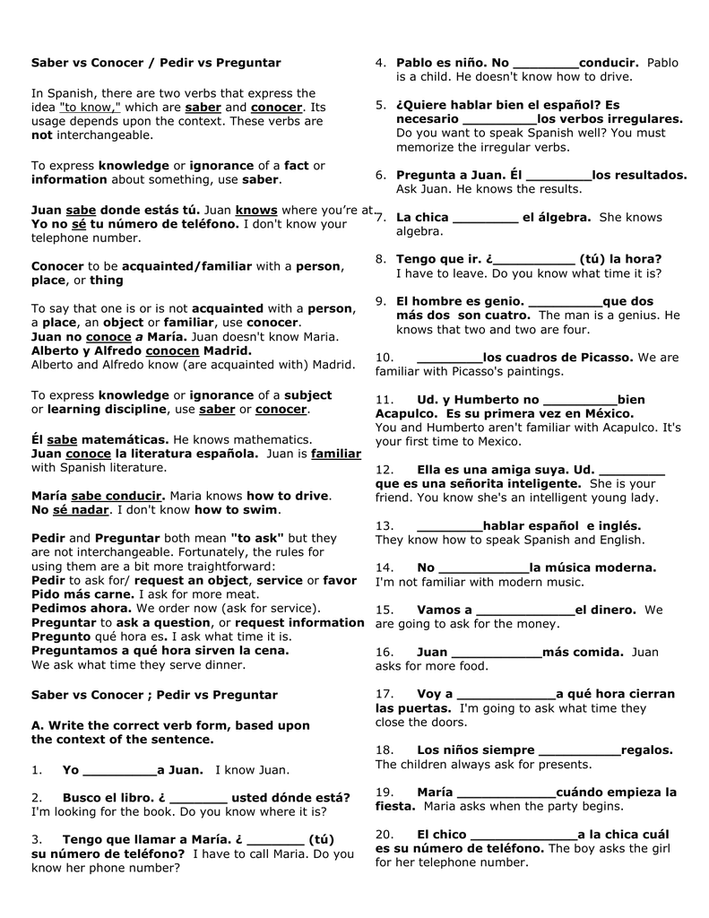 Saber Vs Conocer Pedir Vs Preguntar Spanish Worksheet Saber Vs Conocer Pedir Vs Preguntar Spanish Worksheet