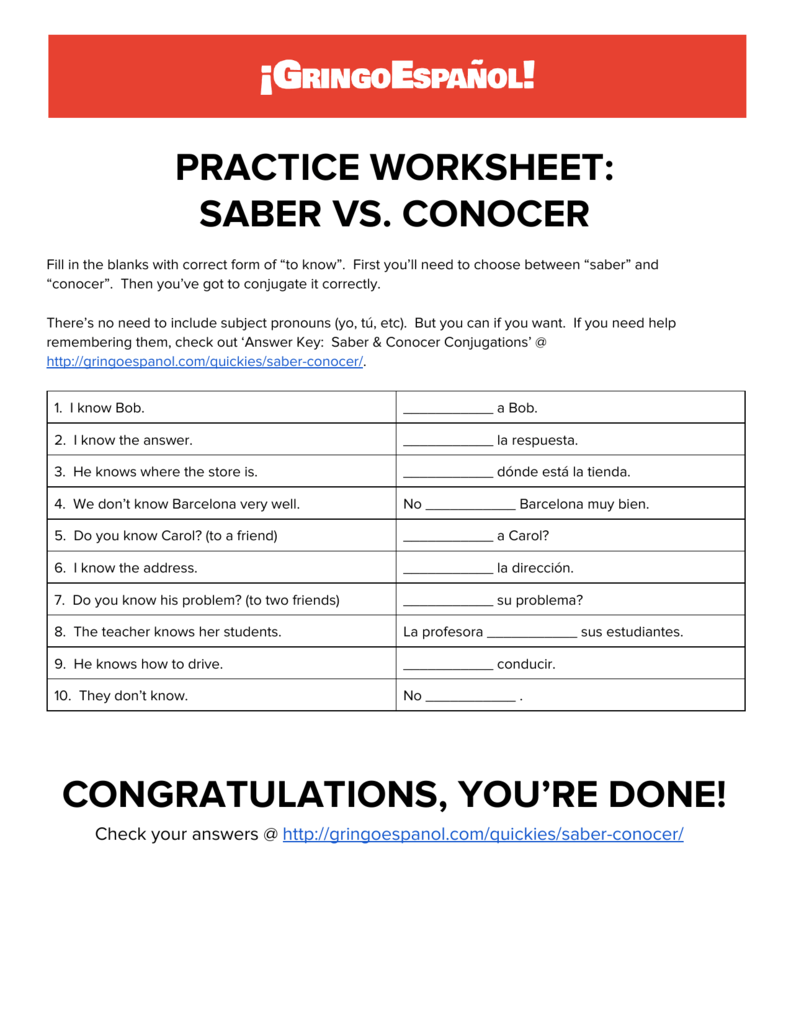Saber Vs Conocer Spanish Verb Practice Worksheet Saber Vs Conocer Spanish Verb Practice Worksheet