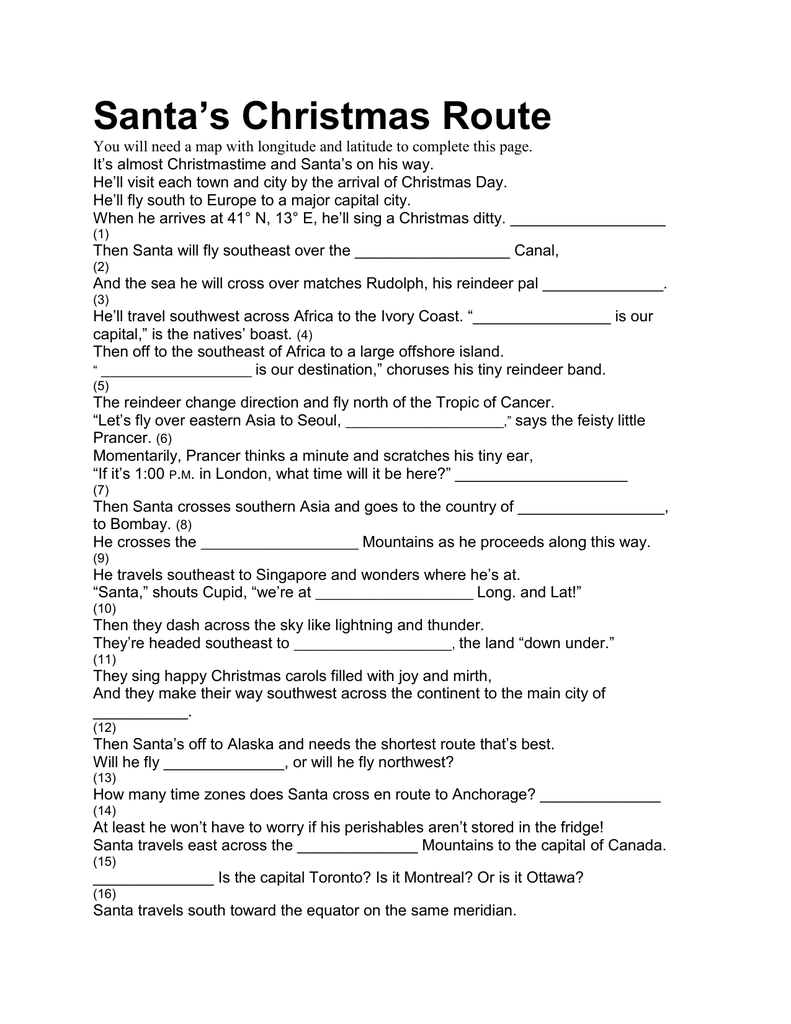 Santa s Christmas Route Geography Worksheet