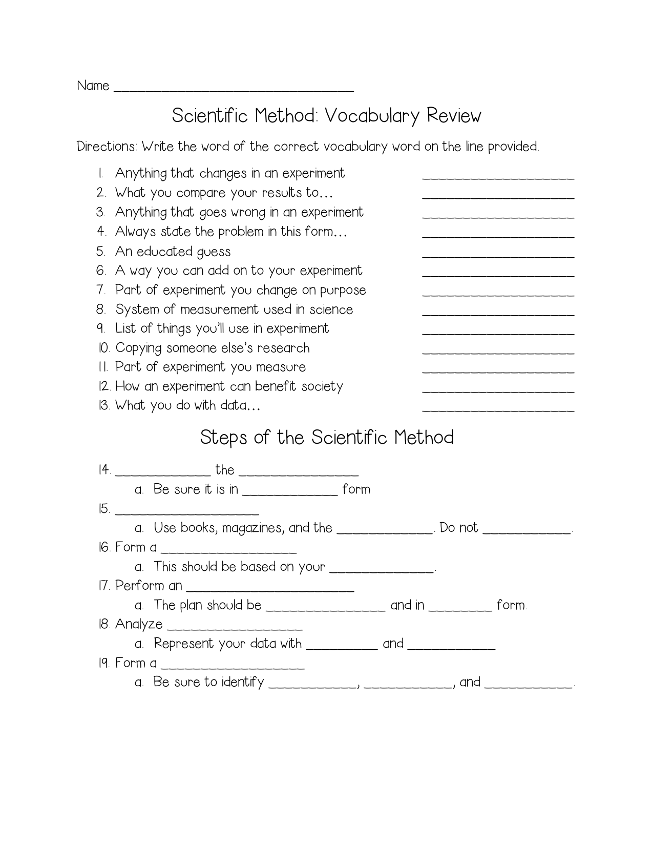 Scientific Method Vocabulary Review Worksheet
