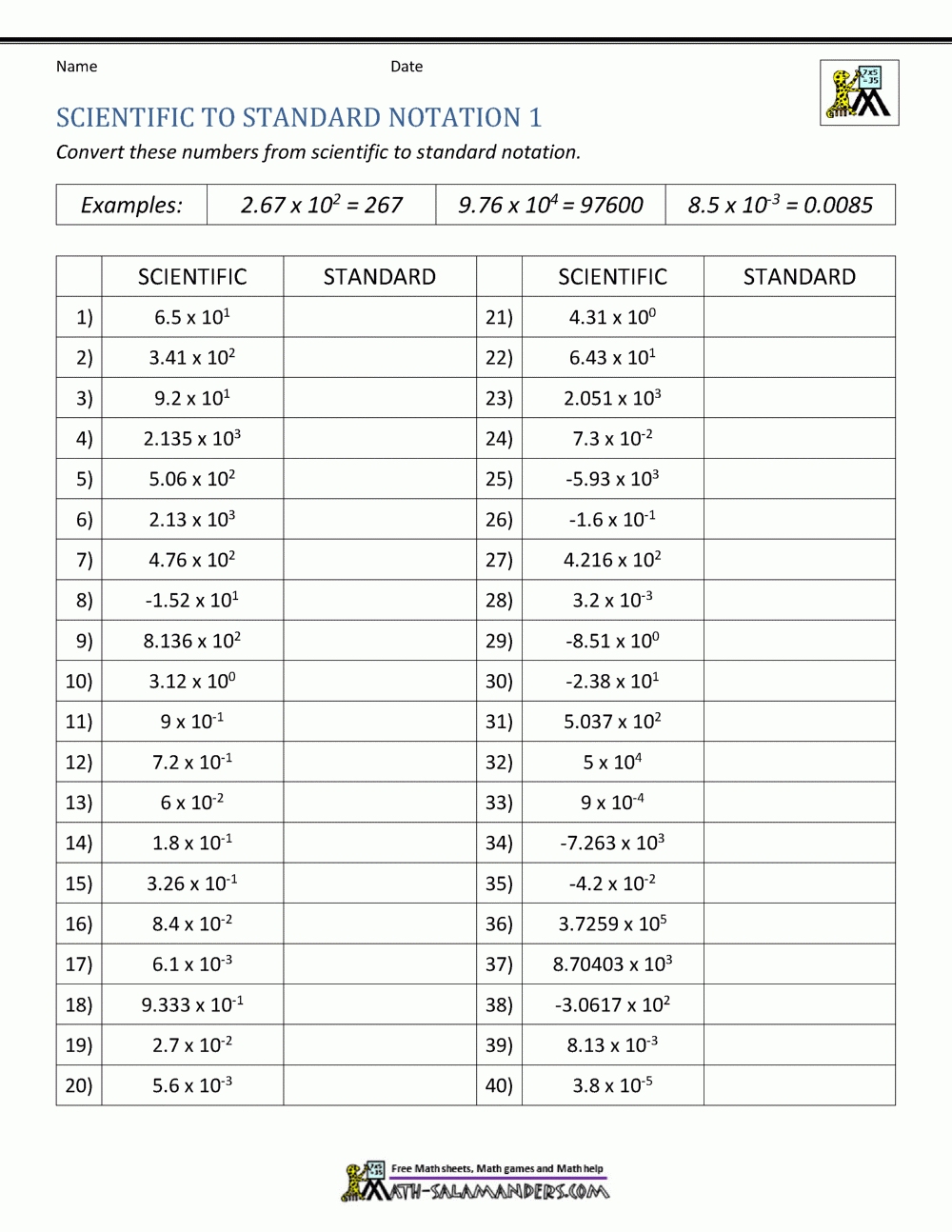 Scientific Notation To Standard Notation Support Page