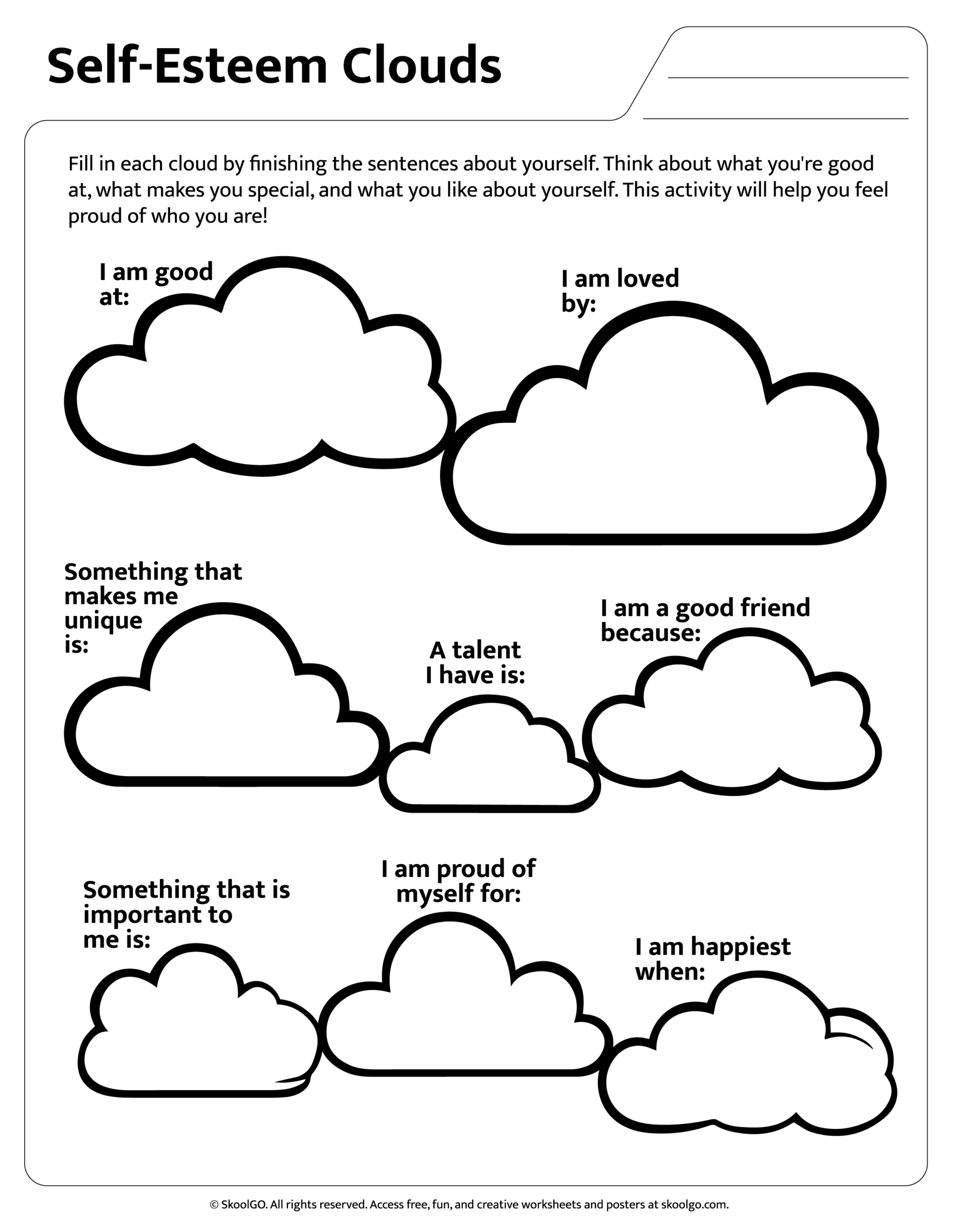 Self Esteem Clouds Free Printable For Grades 1 3 SKOOLGO Self Esteem Clouds Free Printable For Grades 1 3 SKOOLGO