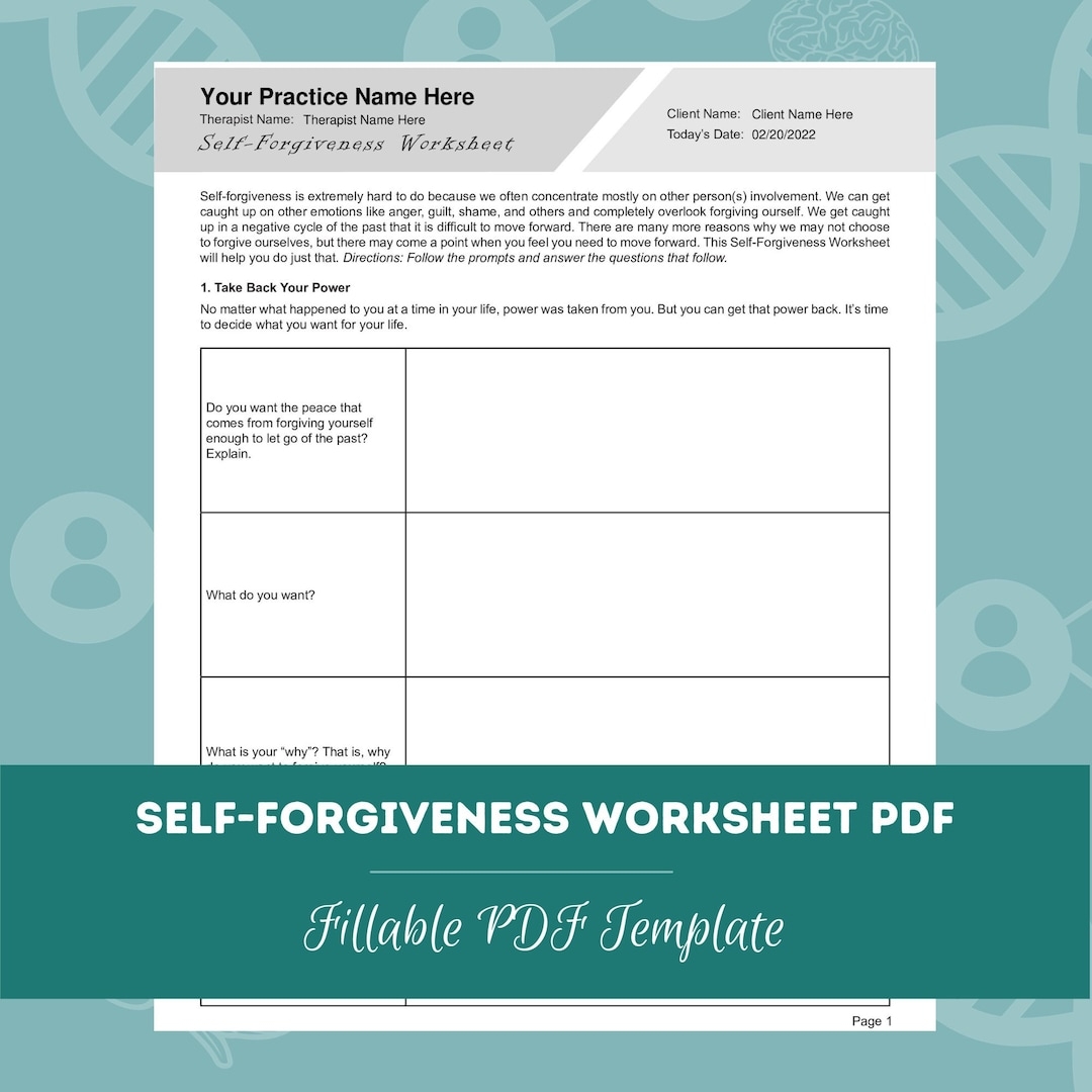 Self forgiveness Worksheet Editable Fillable PDF Template For Counselors Psychologists Therapists Etsy