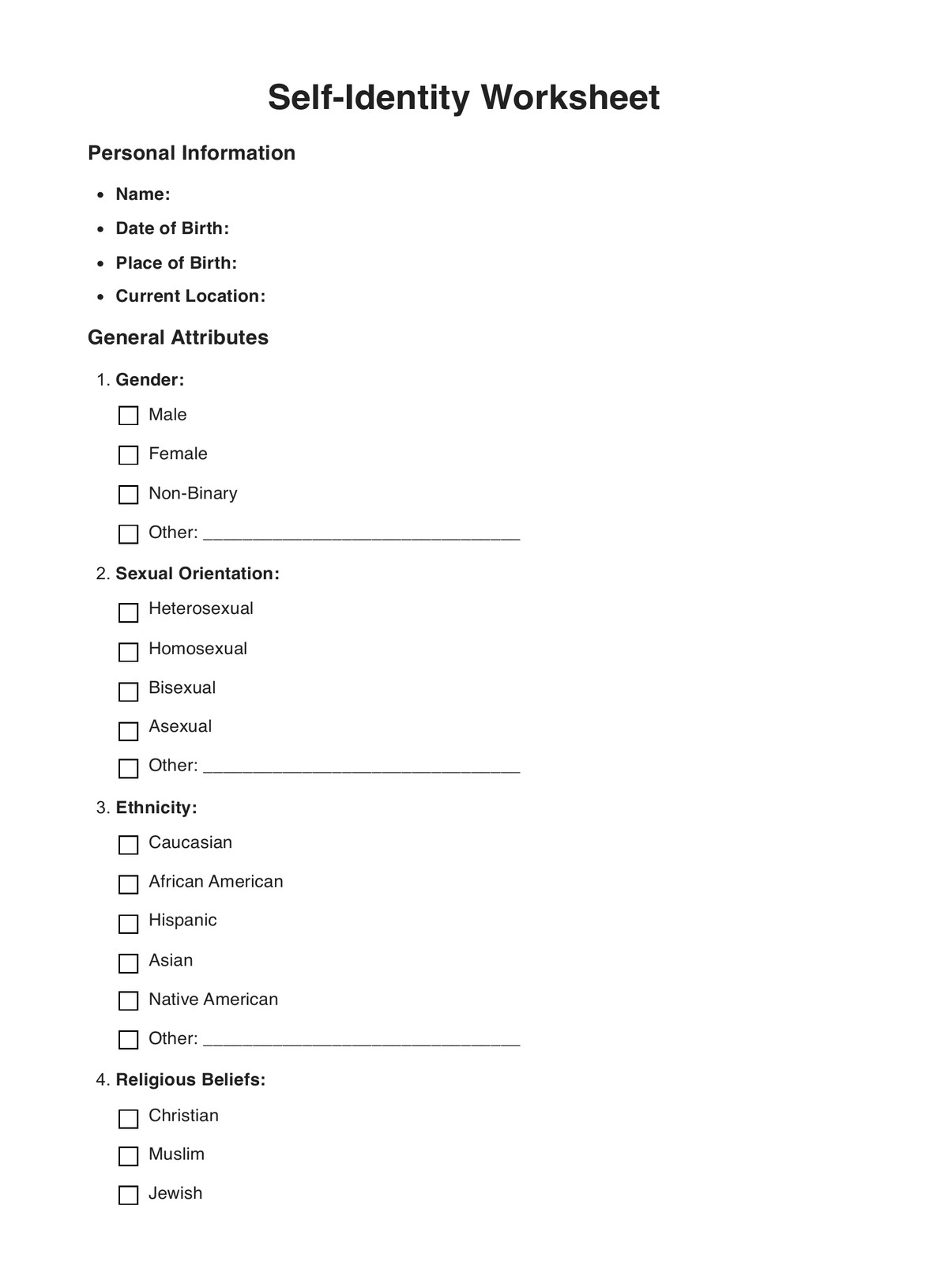 Self Identity Worksheets