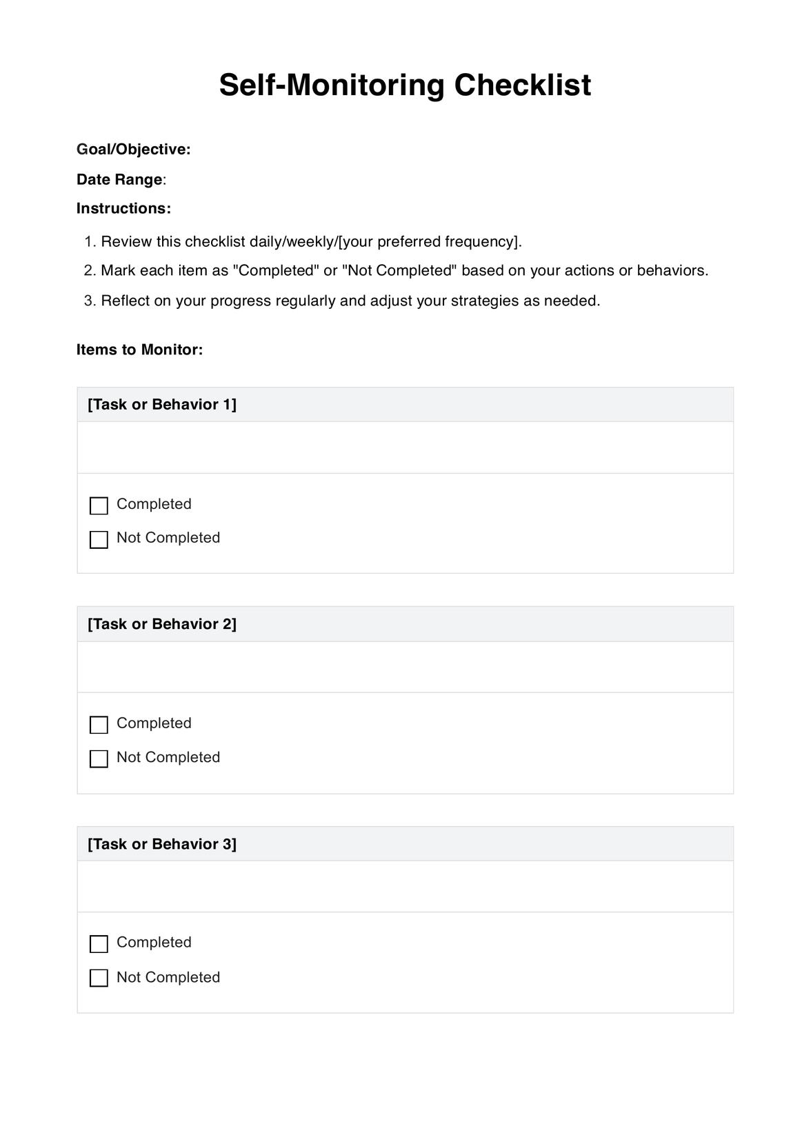 Self Monitoring Checklists