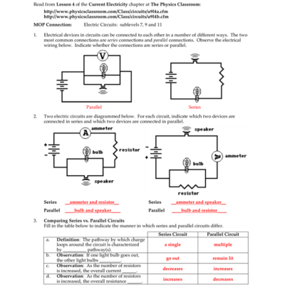 Series Circuits Worksheet Physics Classroom