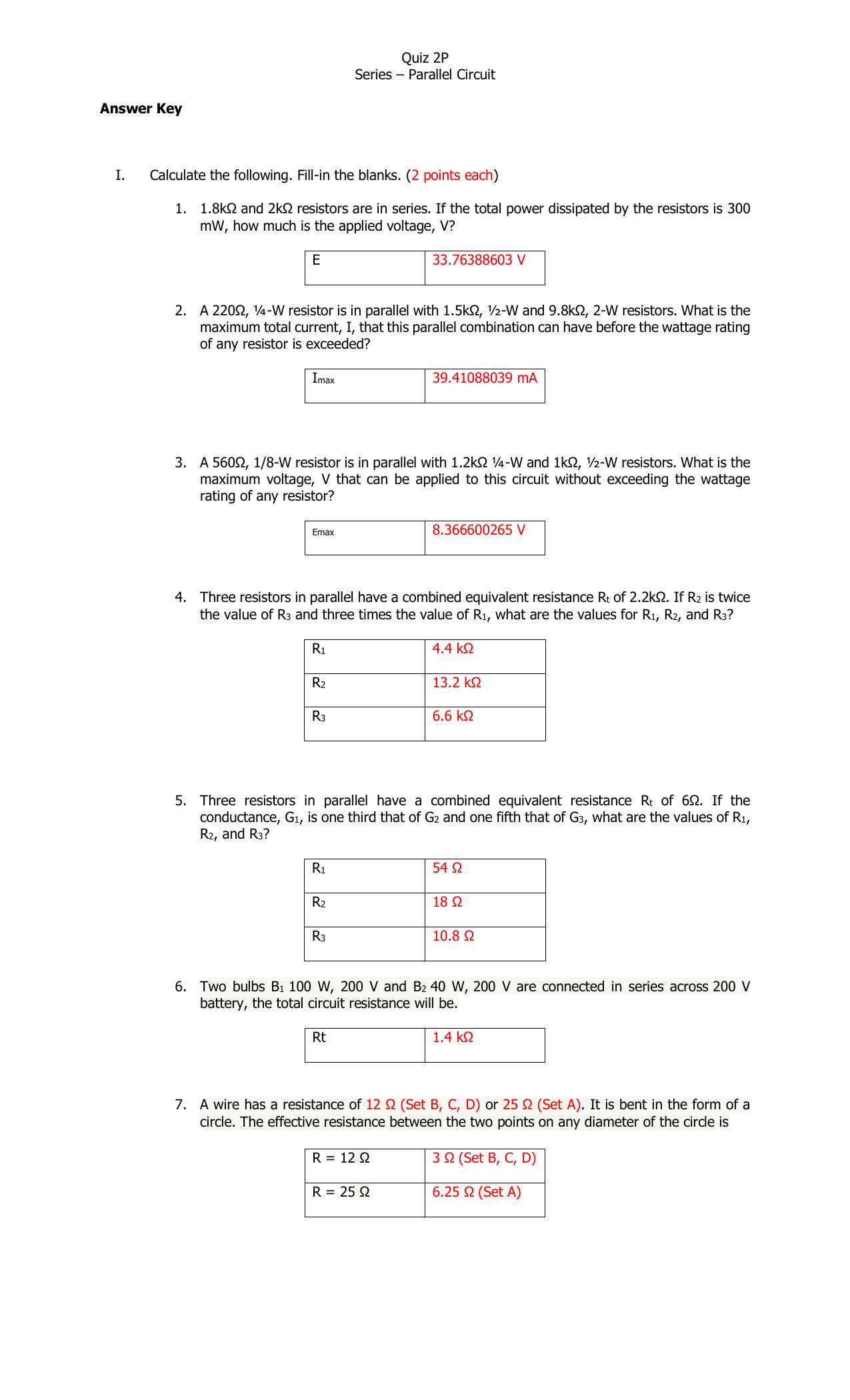Series Parallel Circuit Quiz Answer Key
