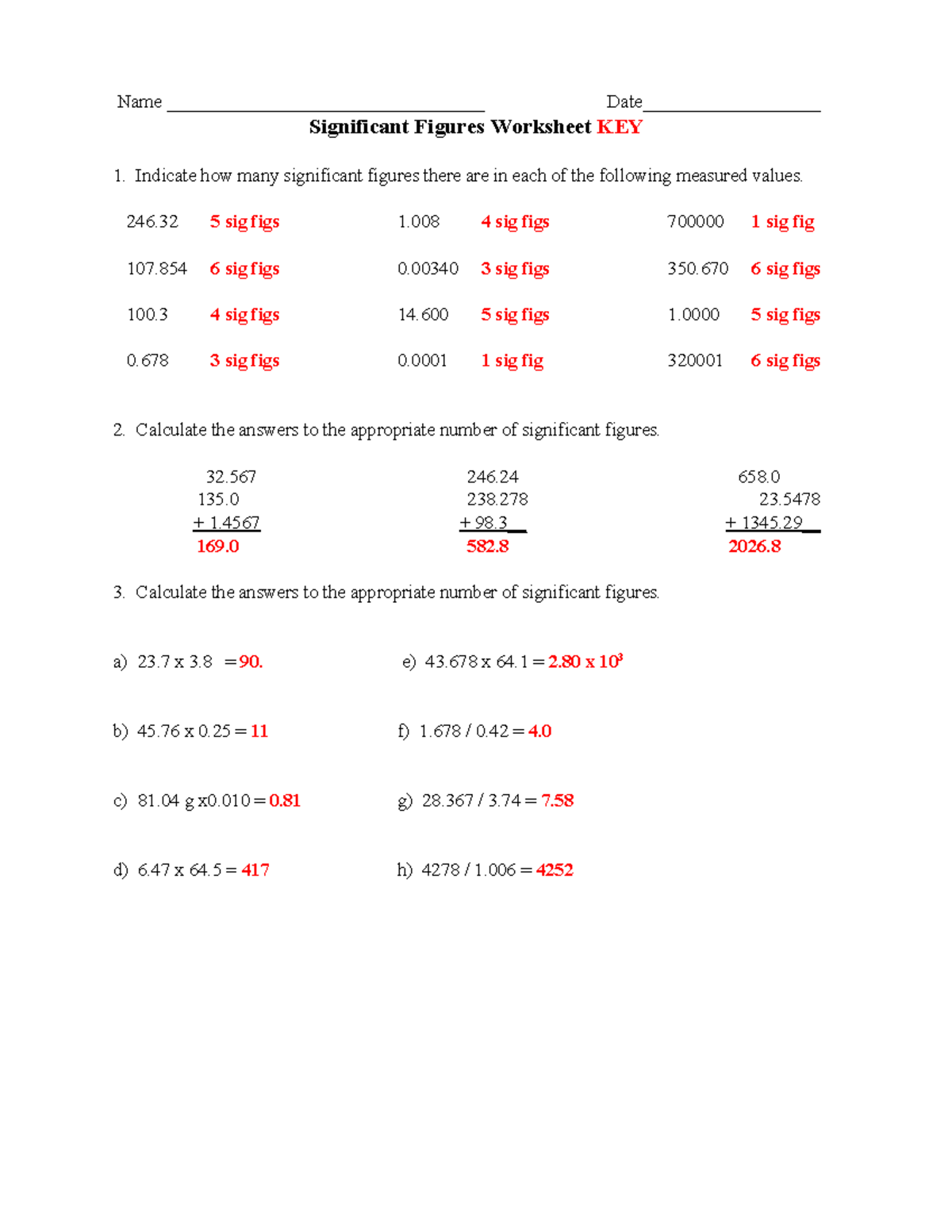Sig Fig Worksheet KEY Answer Key For Practice On Significant Figures Studocu
