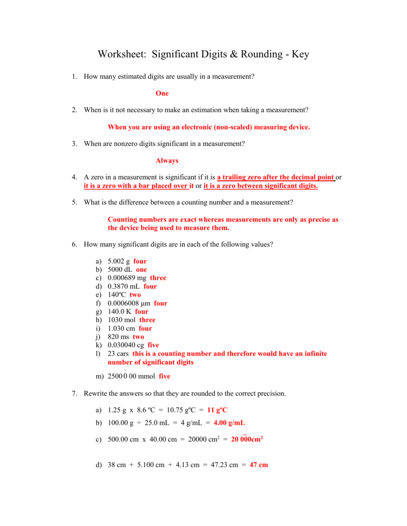 Significant Digits Rounding Worksheet Key Significant Digits Rounding Worksheet Key