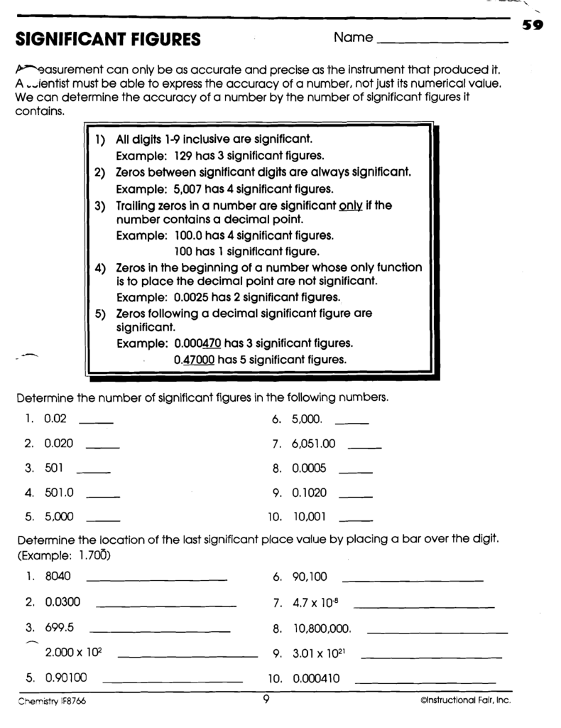 sig fig worksheet with answers