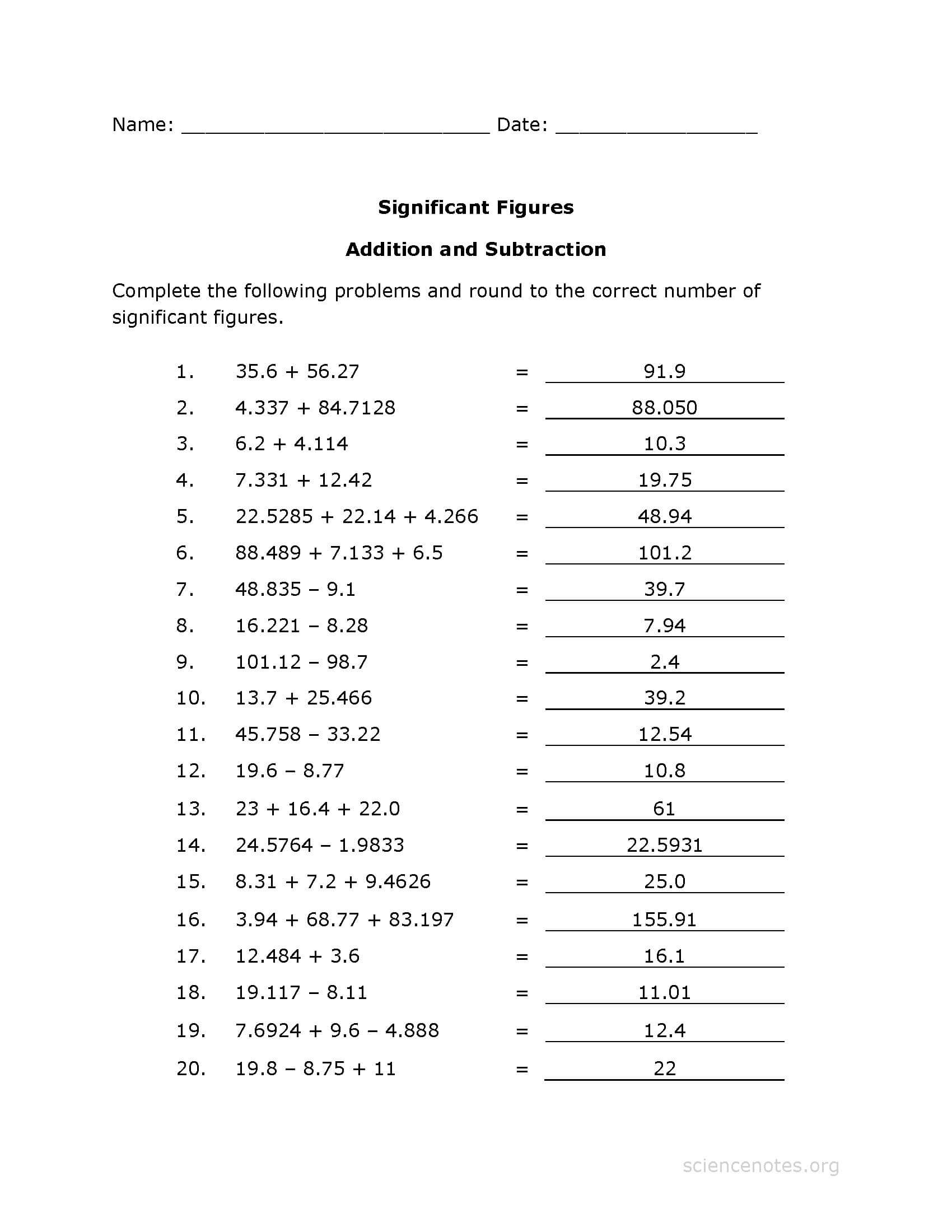 Significant Figures Worksheet PDF Addition Practice