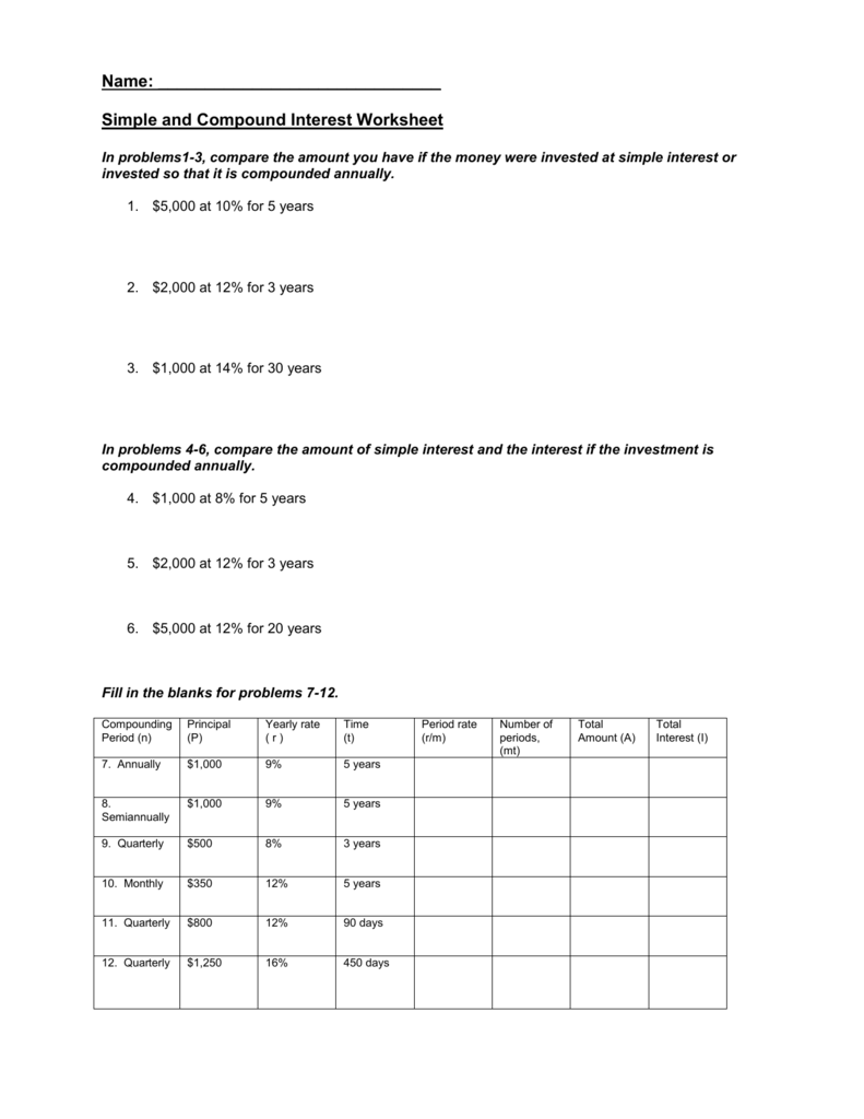 Simple Compound Interest Worksheet Simple Compound Interest Worksheet