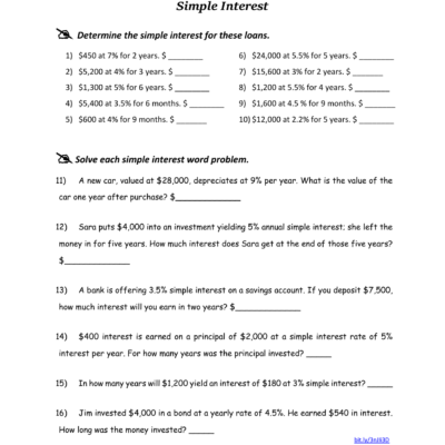 Simple Interest Worksheet Math Practice Problems