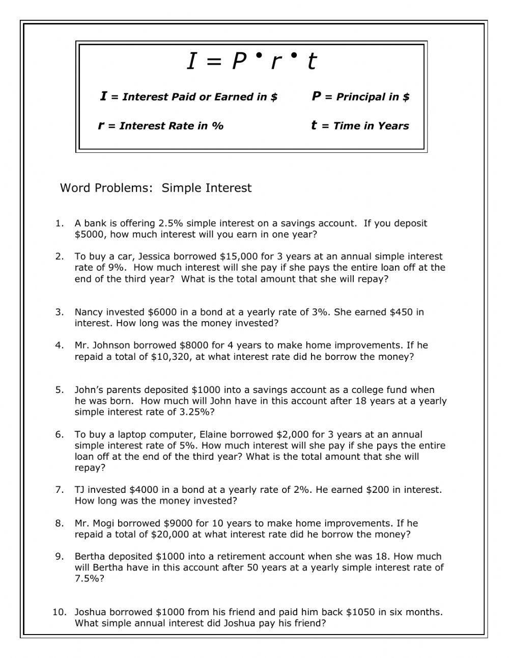 Simple Interest Worksheet Worksheets Library