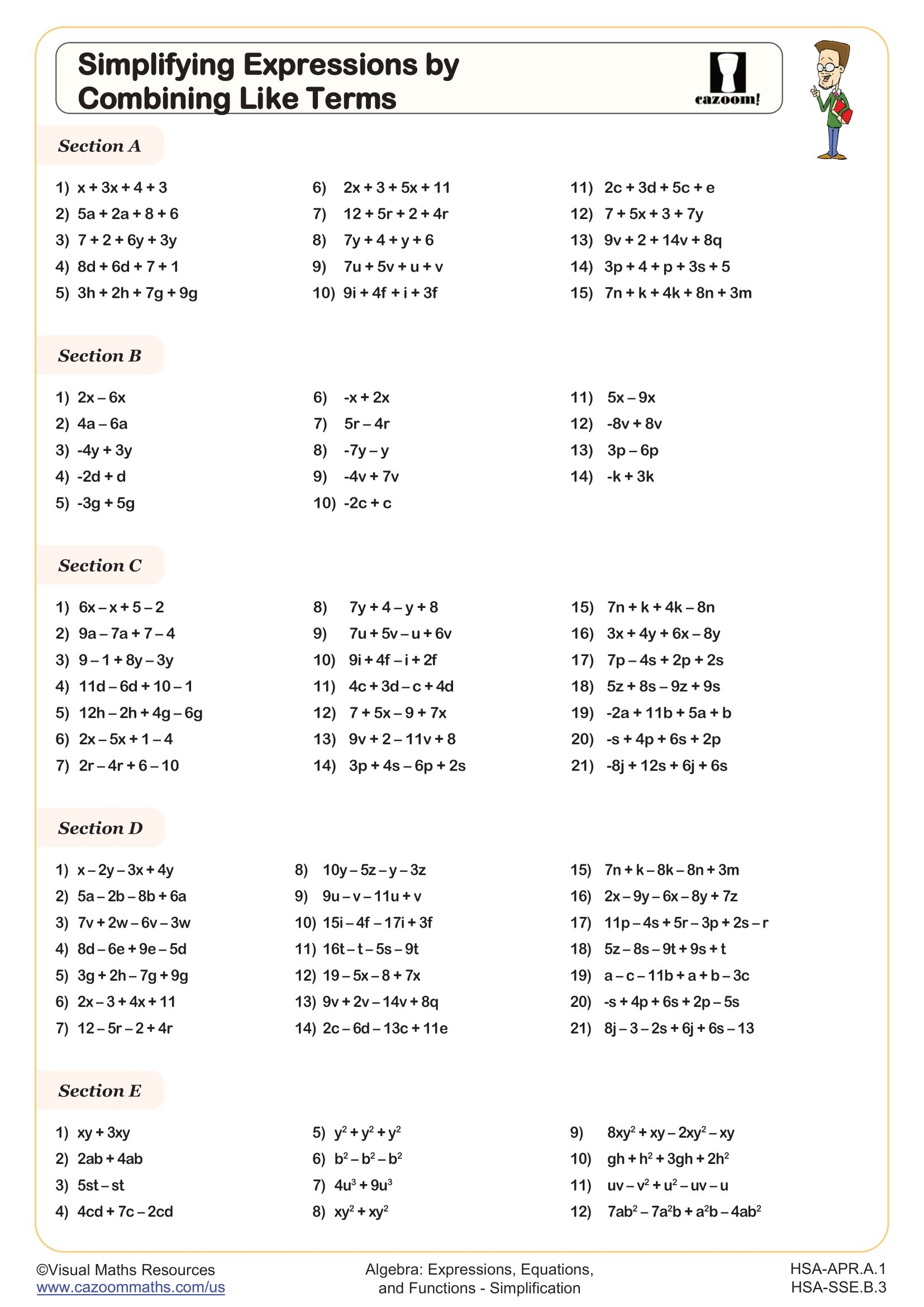 Simplifying Expressions By Combining Like Terms Worksheet Algebra I PDF Worksheets Cazoom Math Simplifying Expressions By Combining Like Terms Worksheet Algebra I PDF Worksheets Cazoom Math