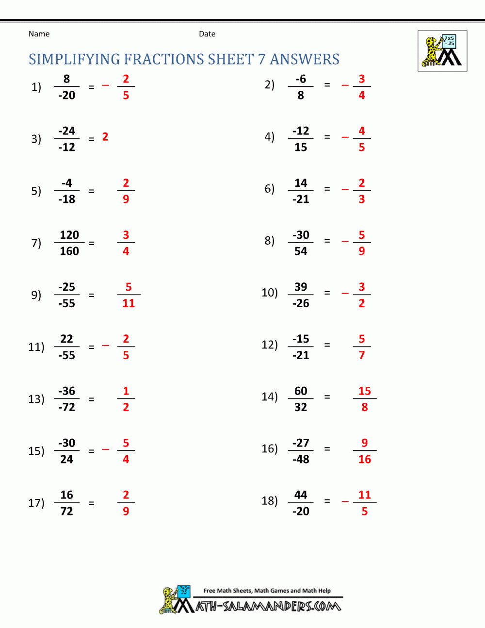 Simplifying Fractions Worksheet