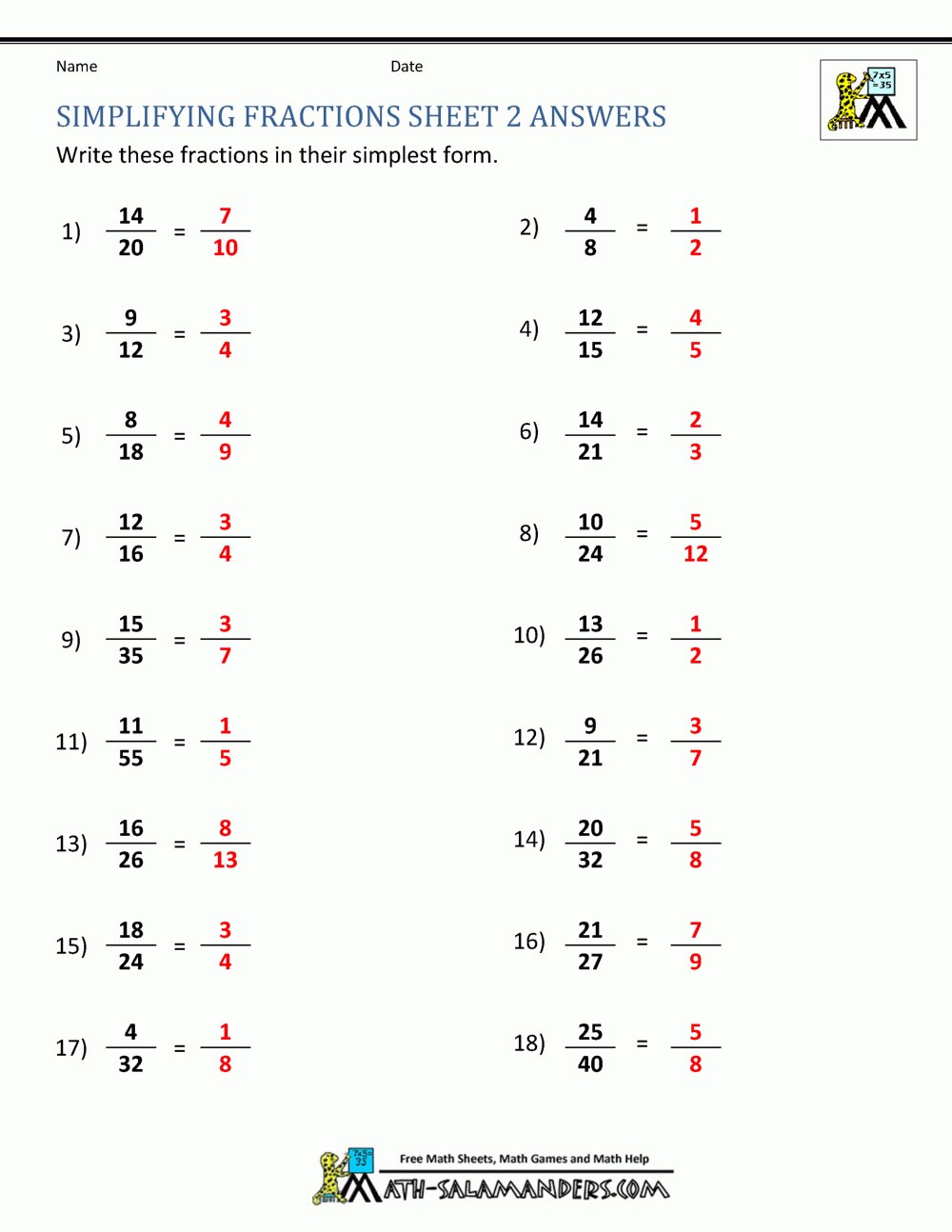 Simplifying Fractions Worksheet Simplifying Fractions Worksheet
