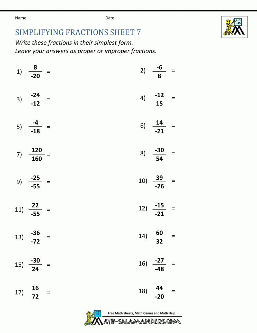 Simplifying Fractions Worksheet Simplifying Fractions Worksheet
