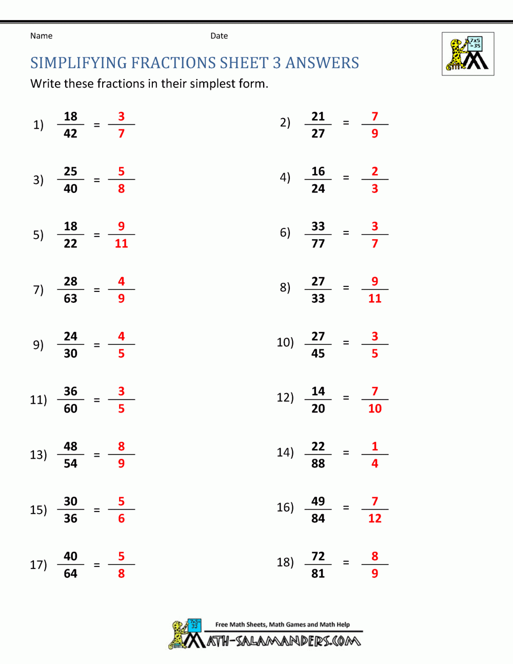 Simplifying Fractions Worksheet Simplifying Fractions Worksheet