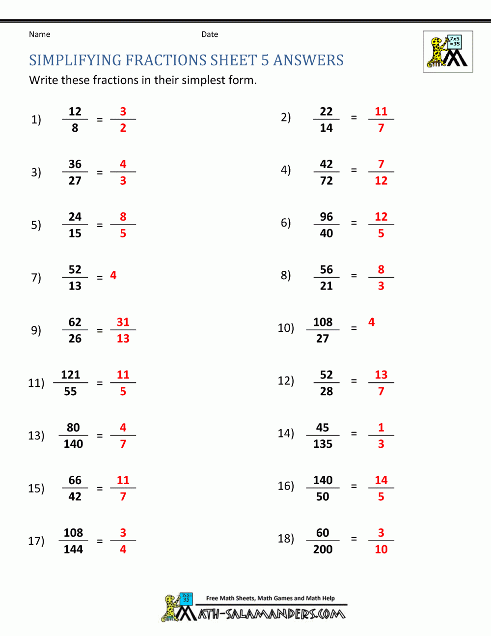Simplifying Fractions Worksheet Simplifying Fractions Worksheet
