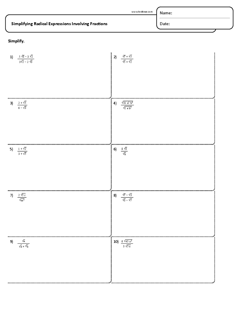 simplifying radicals worksheet pdf