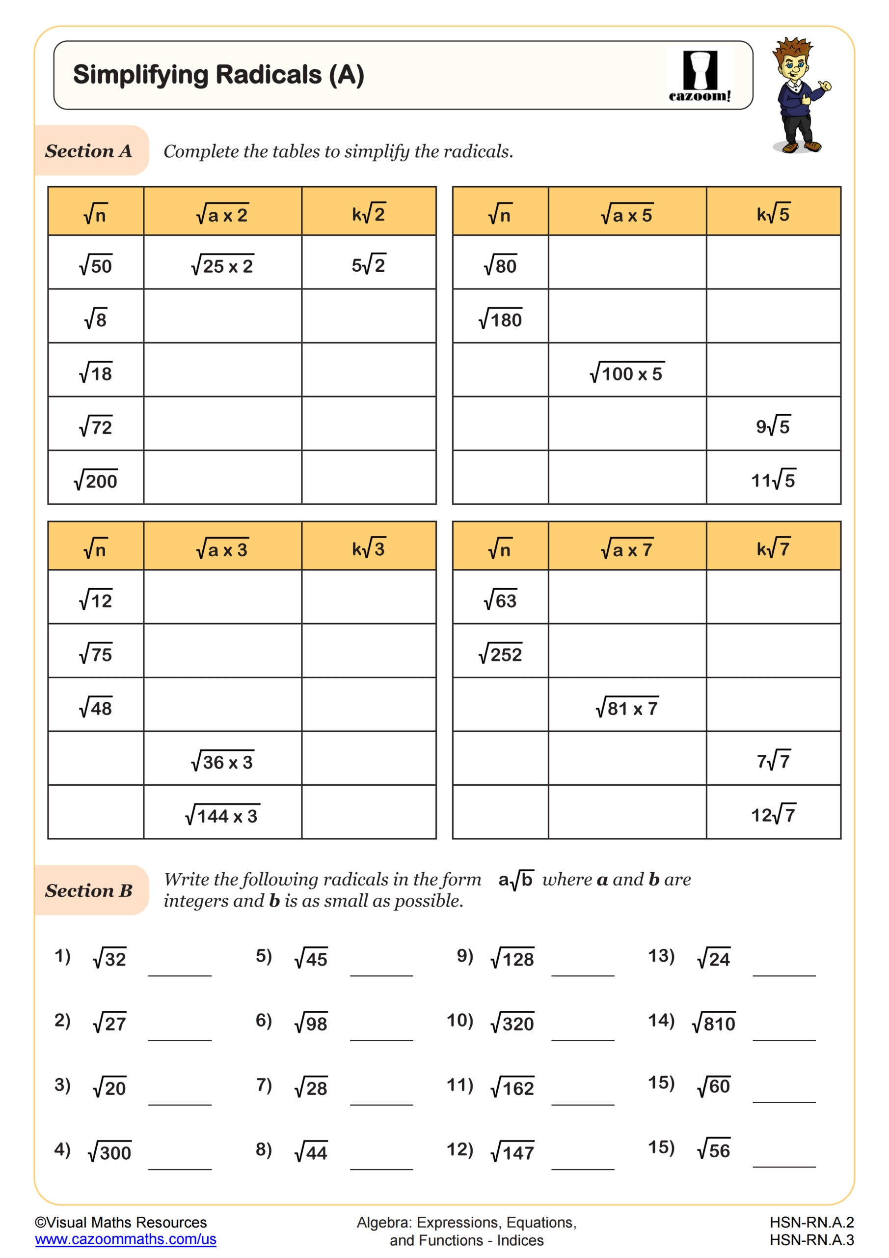 Simplifying Radicals C Worksheet Fun And Engaging Algebra I PDF Worksheets Cazoom Math