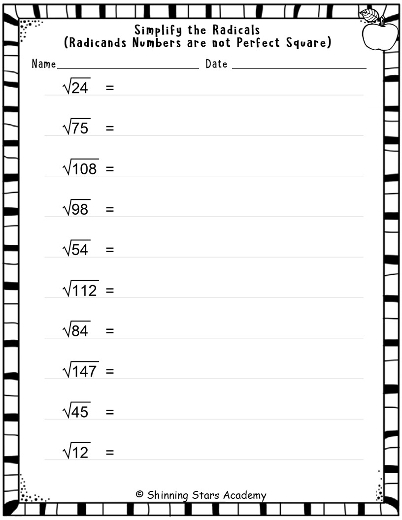 Simplifying Radicals Simple Square Roots Radicands Are Whole Numbers But Not Perfect Squares Wor Teaching Resources
