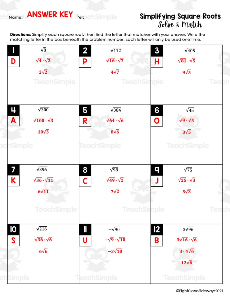 Simplifying Radicals Solve Match Worksheet By Teach Simple